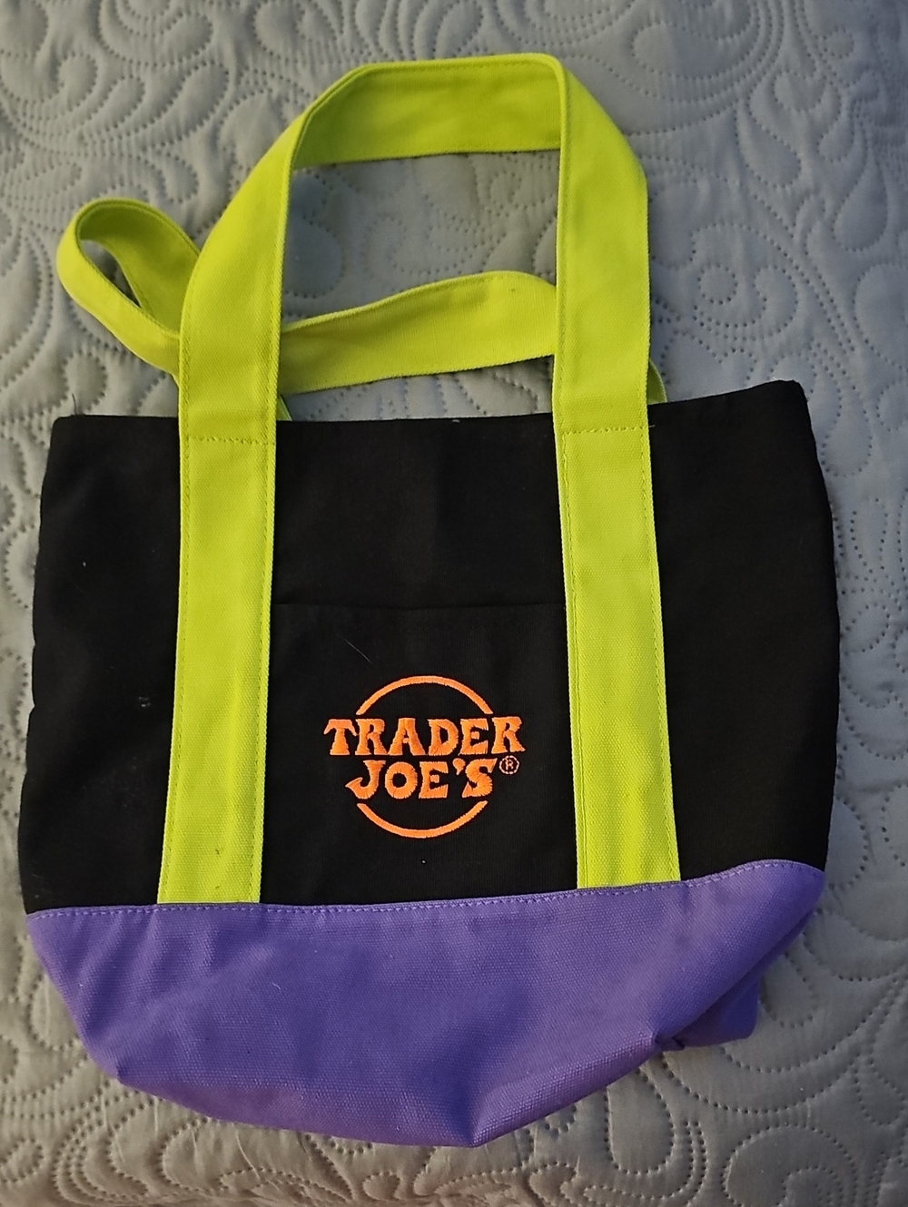 Trader Joe's Black Canvas Tote with Lime Handles and Purple Base